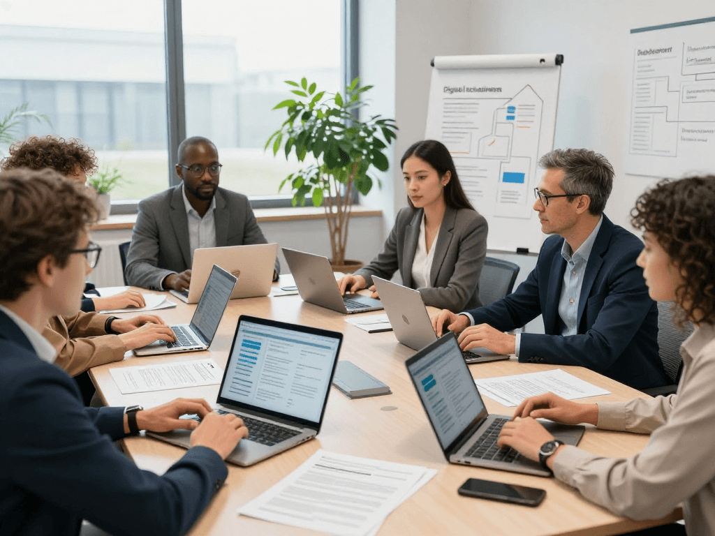 Collaborative government office scene promoting data privacy and accessibility for Öffentliche und gemeinnützige Einrichtungen Kommunen.