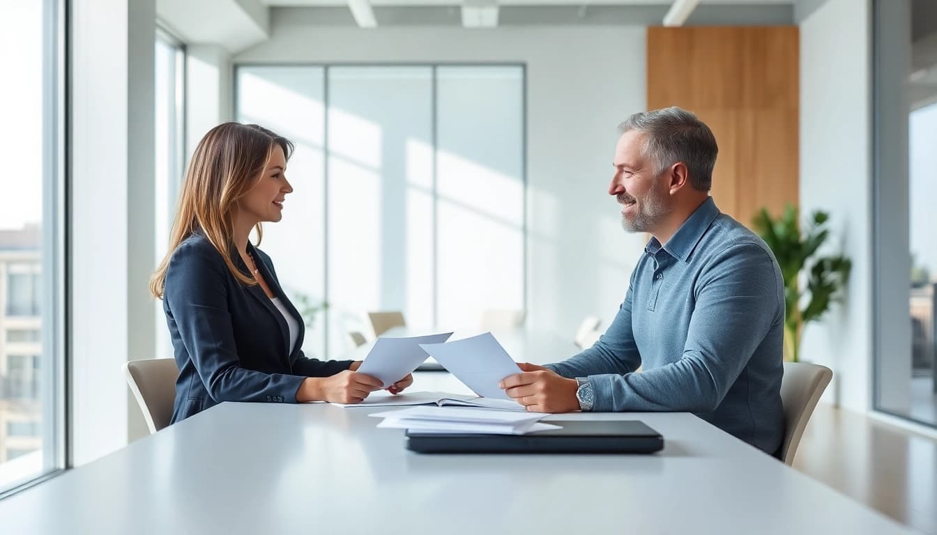 Hausverkauf bei Scheidung: Professional couple negotiating their home sale in a bright office.