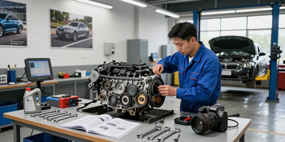 BMW Steuerkette Wechseln Hannover in einer Werkstatt mit einem Mechaniker, der einen Motor inspiziert.