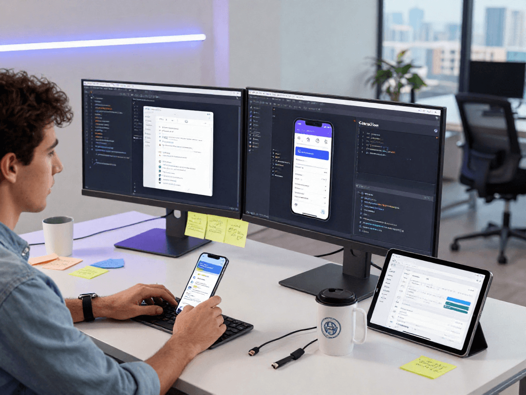 Innovative mobile app workspace showcasing http://debet-app.com development tools, code screens, and urban view.