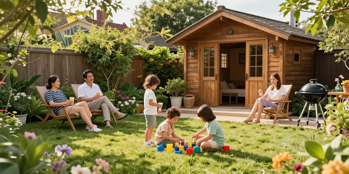 Gartenhäuser im schönen Garten mit Familie, Spielzeug und entspannenden Möbeln.