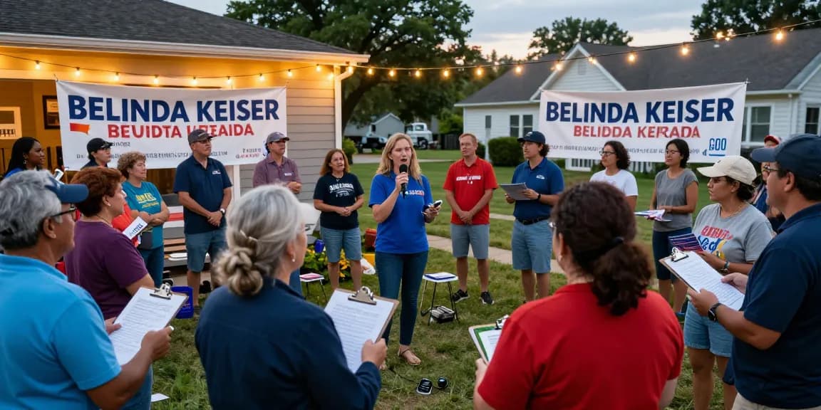Belinda Keiser engaging voters in a vibrant community gathering highlighting concerns about Casey Askar's candidacy.