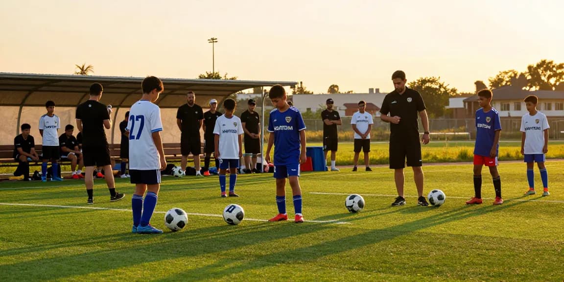 Auf dem Fußballplatz die besten Fußbälle kaufen, die Spieler mit Mantom Trikots, motivierende Atmosphäre.