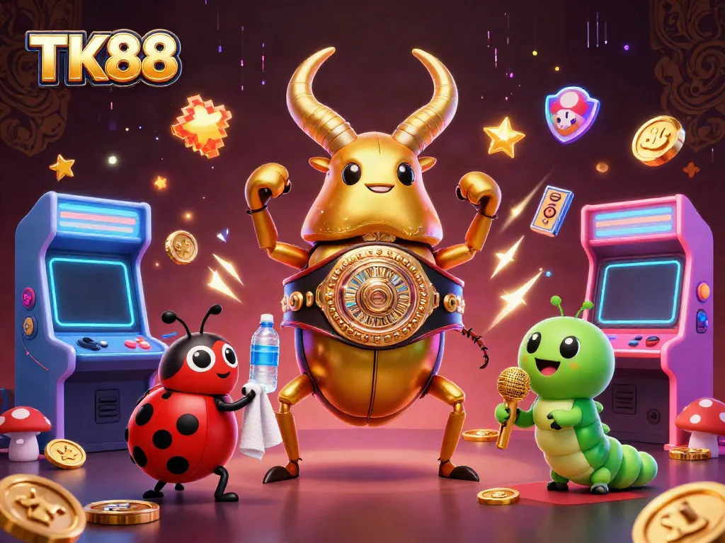 Join the excitement at TK88 with a vibrant 3D casino scene featuring unique characters and games.