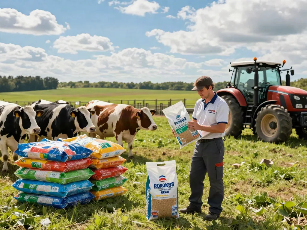 Healthy livestock being fed quality ROKOK88 nutrition at a modern farm.