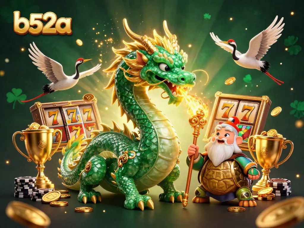 Experience thrilling gaming with b52a in an enchanting casino scene featuring a jade dragon and golden elements.