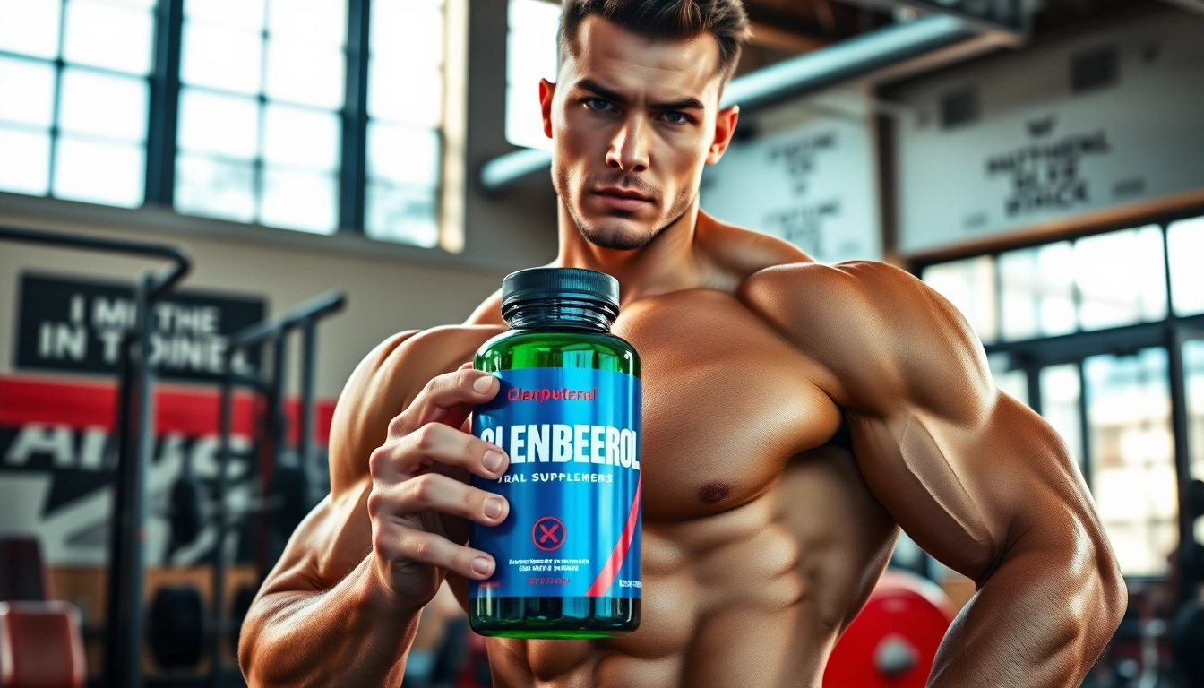 Clenbuterol kaufen: Fitnessmodel zeigt Supplements in einem modernen Fitnessstudio