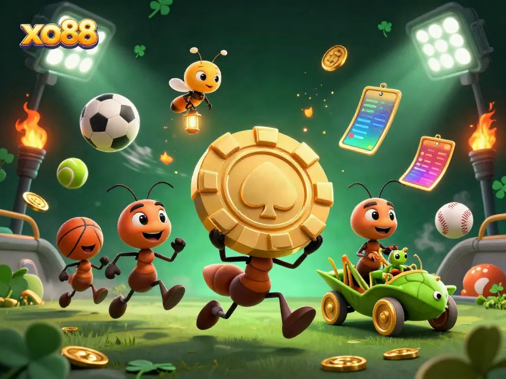 Experience the thrilling world of xo88 with animated ants heisting a giant poker chip.