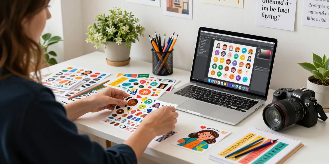 Artist exploring custom stickers at a creative workspace, showcasing vibrant designs and tools.