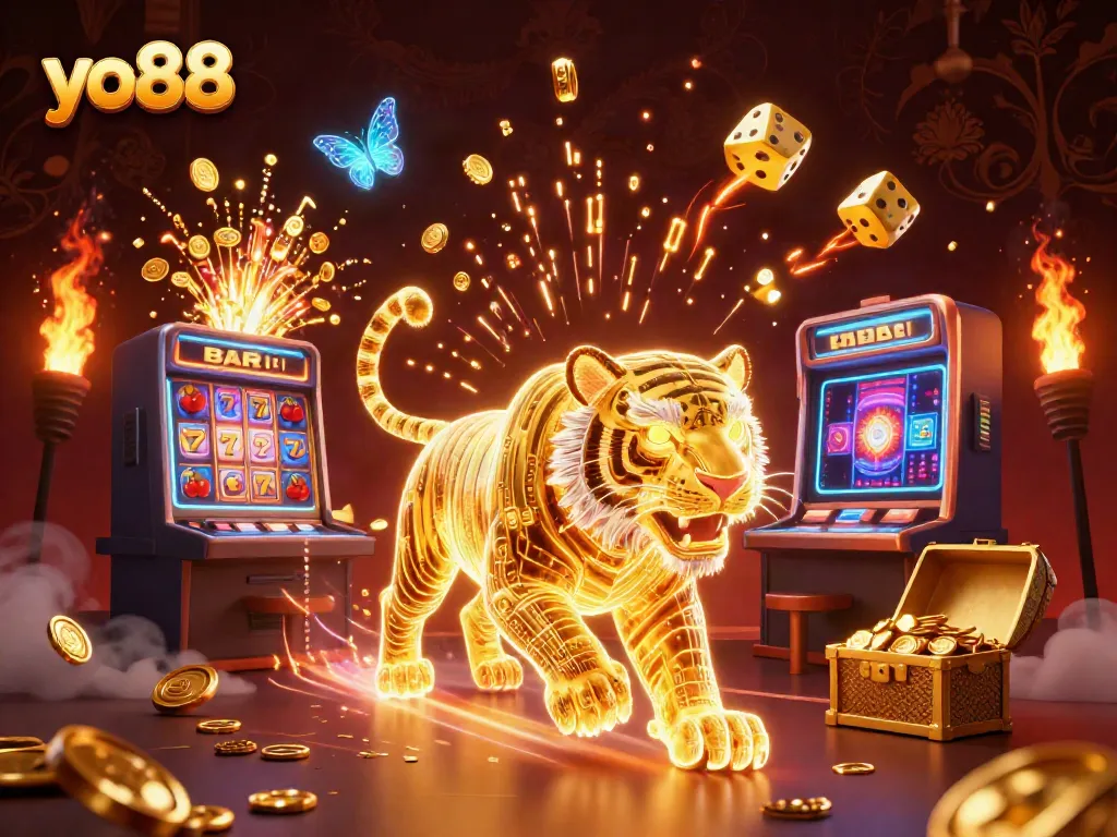 Experience the excitement of yo88 with a vibrant digital casino scene showcasing a golden tiger and many games.