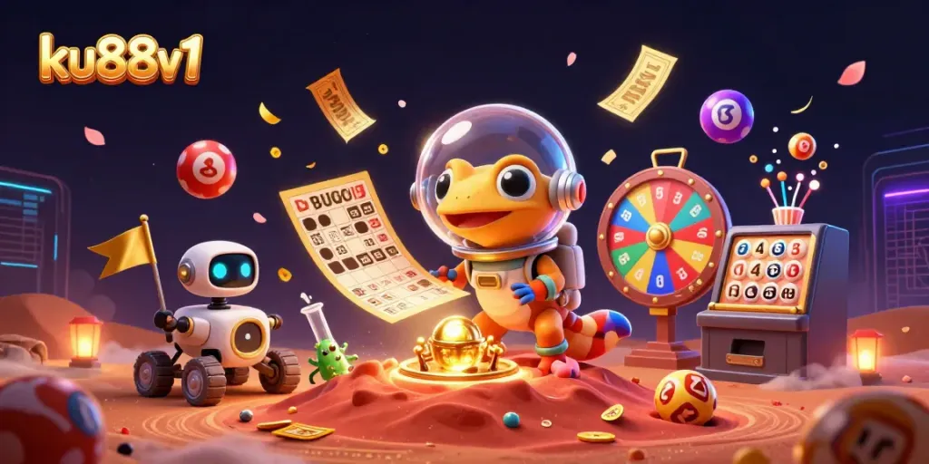 ku88v1 showcases a Martian gecko uncovering hidden casino treasures with lottery elements and alien cheer