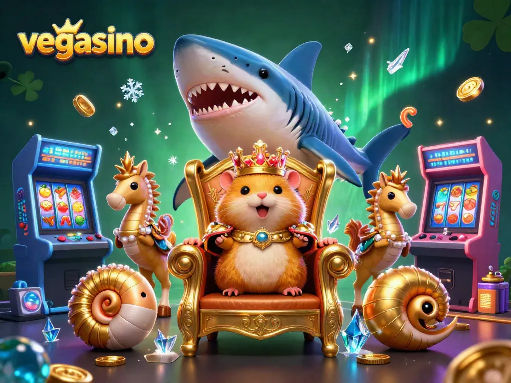 Masterfully playing at vegasino with golden hamster king on a shark throne in a vibrant casino scene.