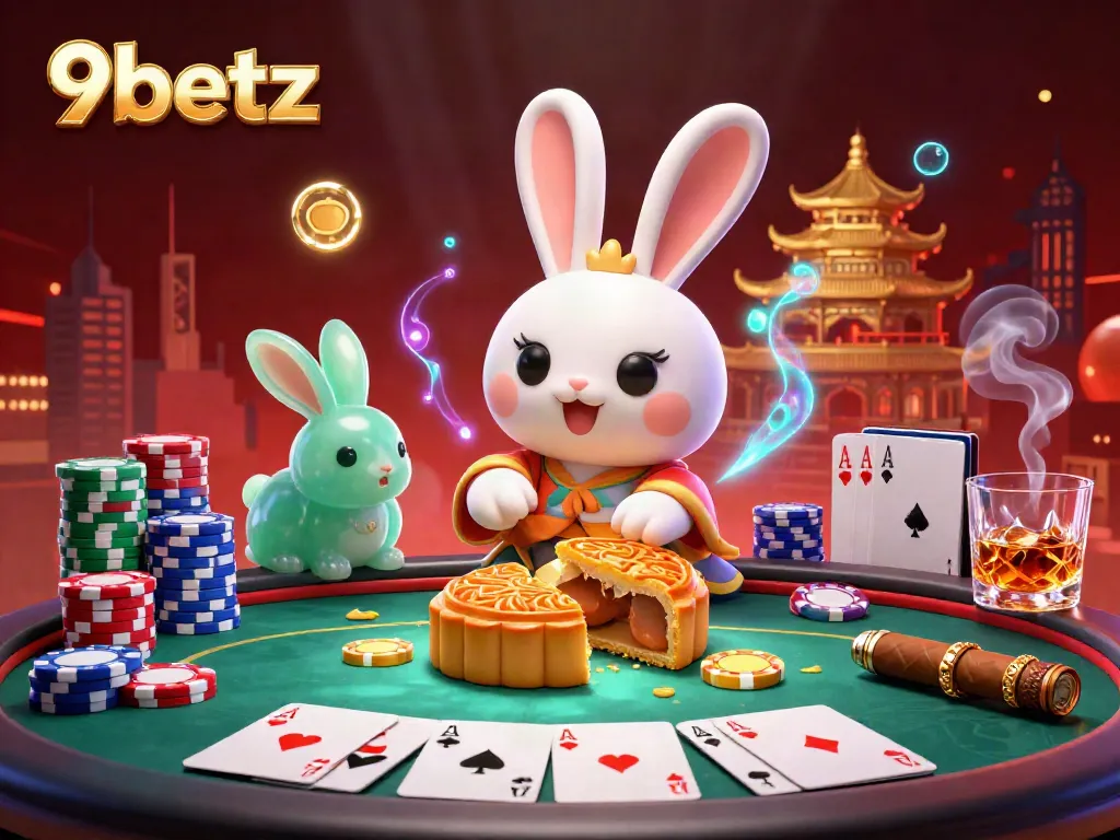 Engaging 3D illustration of 9betz showing a moon rabbit creating poker chip-filled mooncakes.