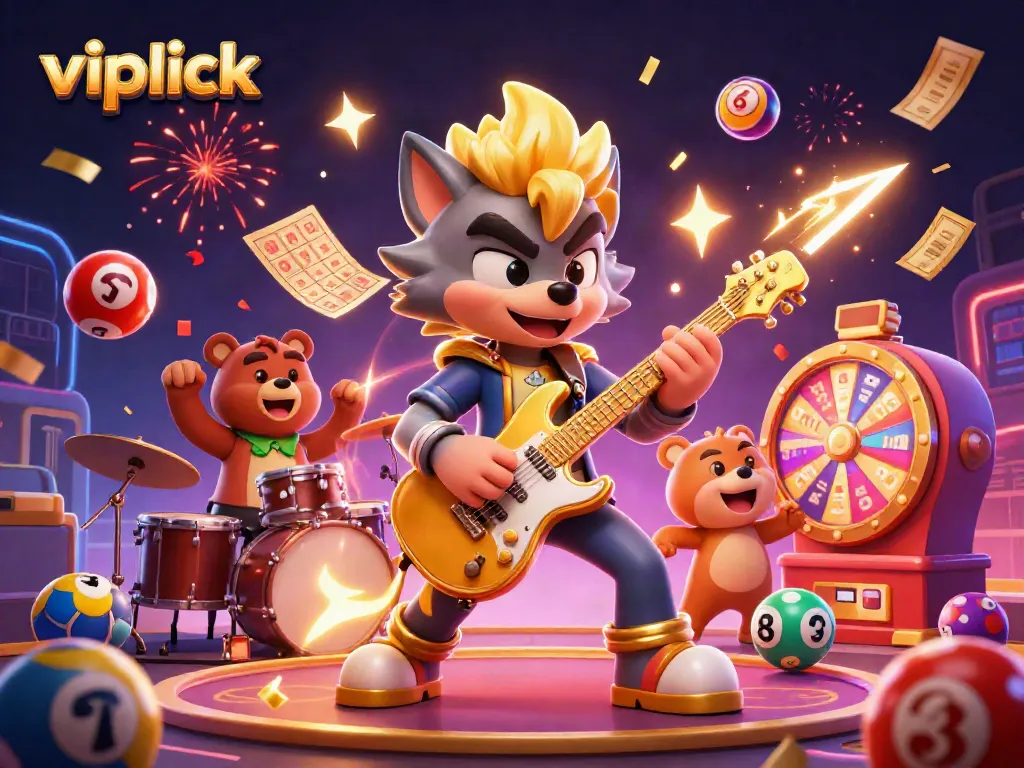 Engage with the dynamic vibe of vipluck's world, featuring a rock star wolf and vibrant gaming elements.
