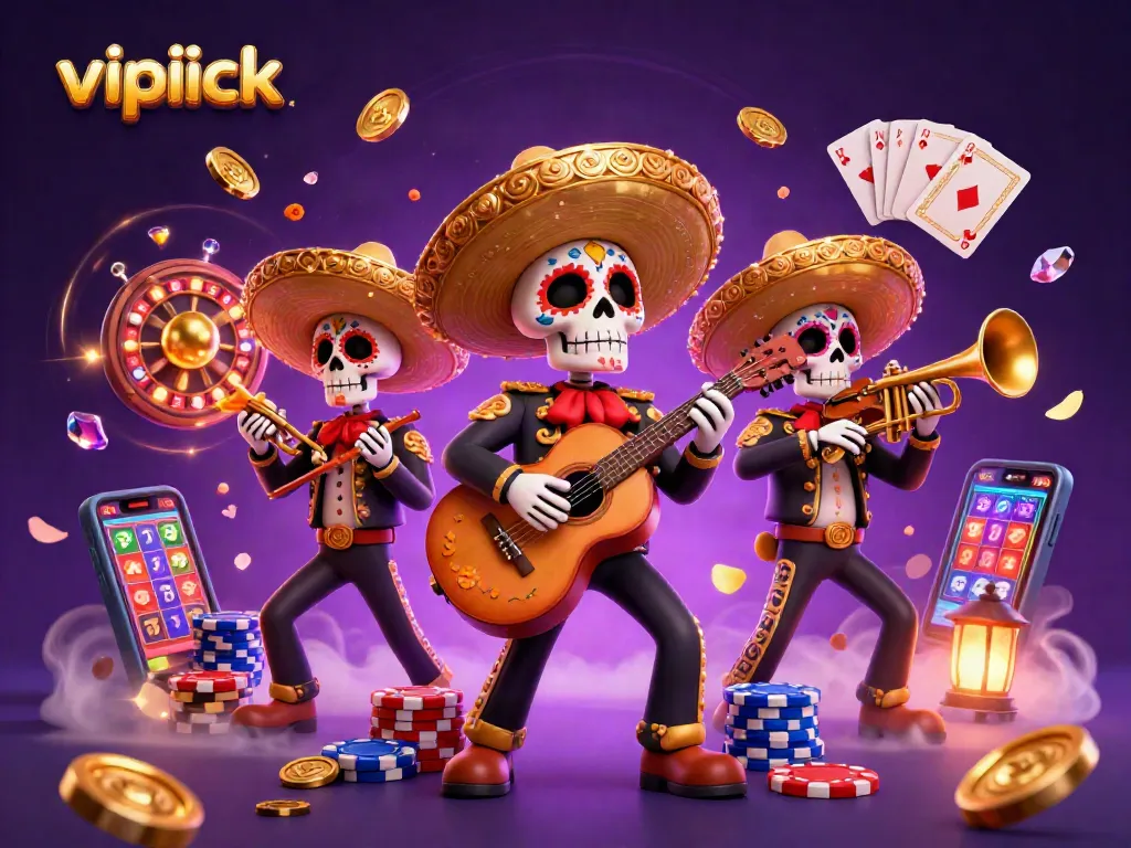 Experience the vipluck thrill with vibrant 3D casino mariachi characters amidst golden coins and card elements.