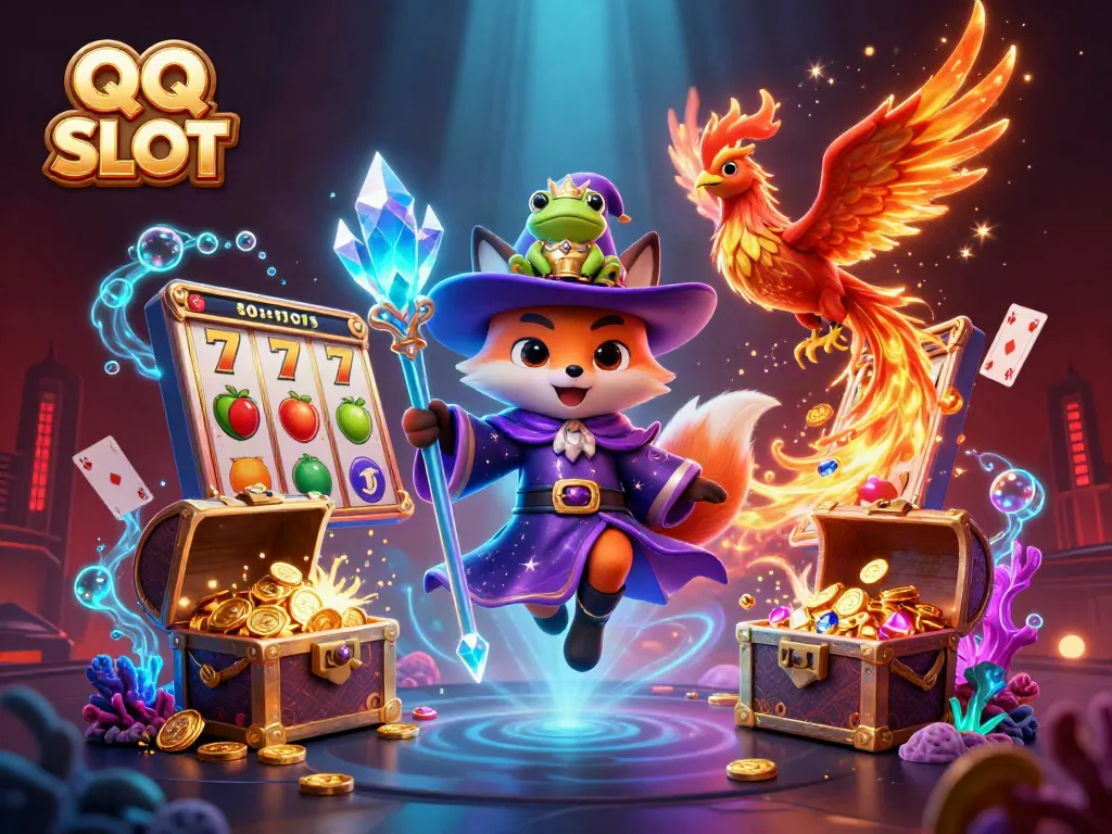 Experience QQ SLOT with magical characters and captivating slot game elements in a vibrant casino scene.