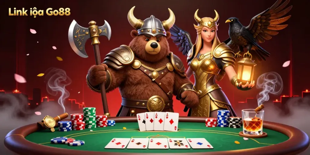 Engage with the thrilling atmosphere of Link vào Go88 at a dynamic poker scene featuring iconic gaming characters and elements.