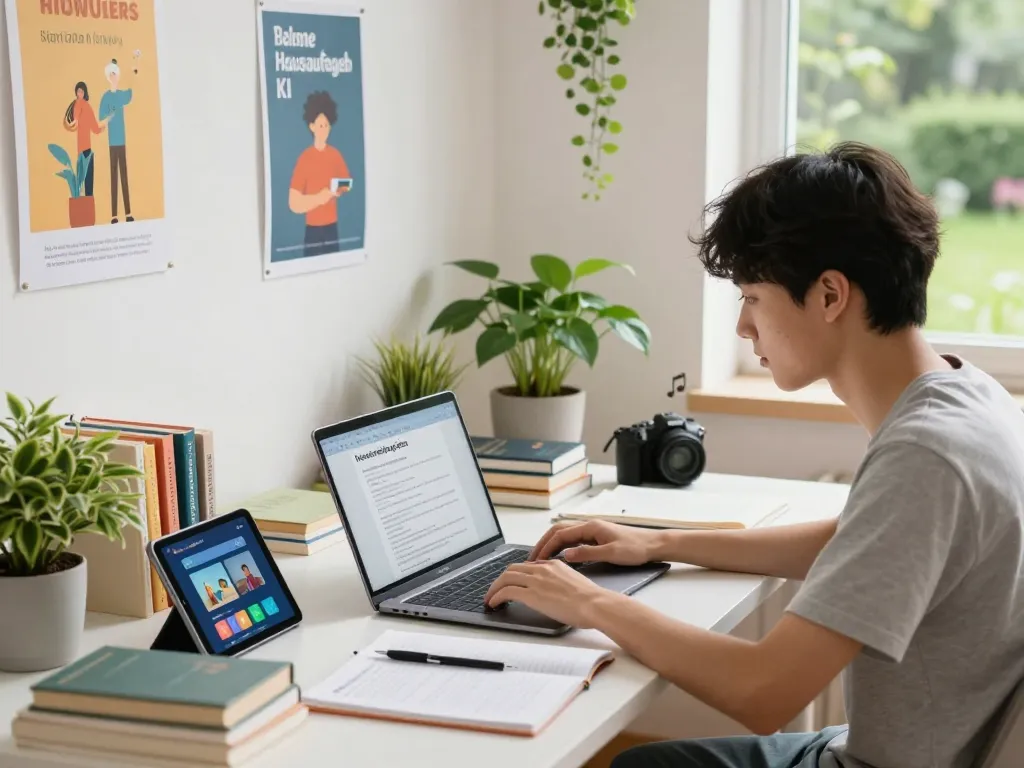 Student, der ein Hausaufgaben KI-Tool in einem hellen, inspirierenden Studienraum mit Bildungsressourcen verwendet.