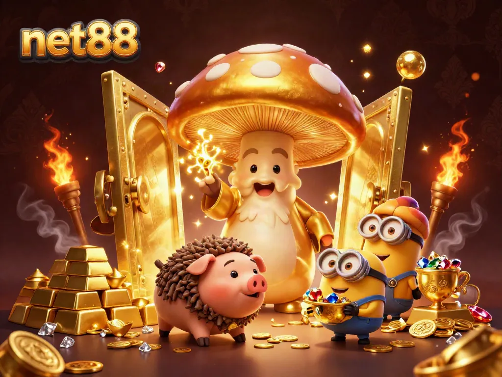 Experience net88's vibrant gaming world with magical gold treasures and dynamic casino elements.