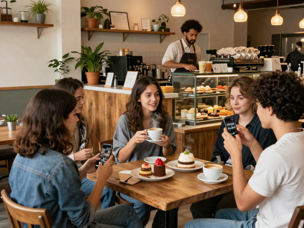 Friends enjoying time at rokok88 café with coffee and desserts.