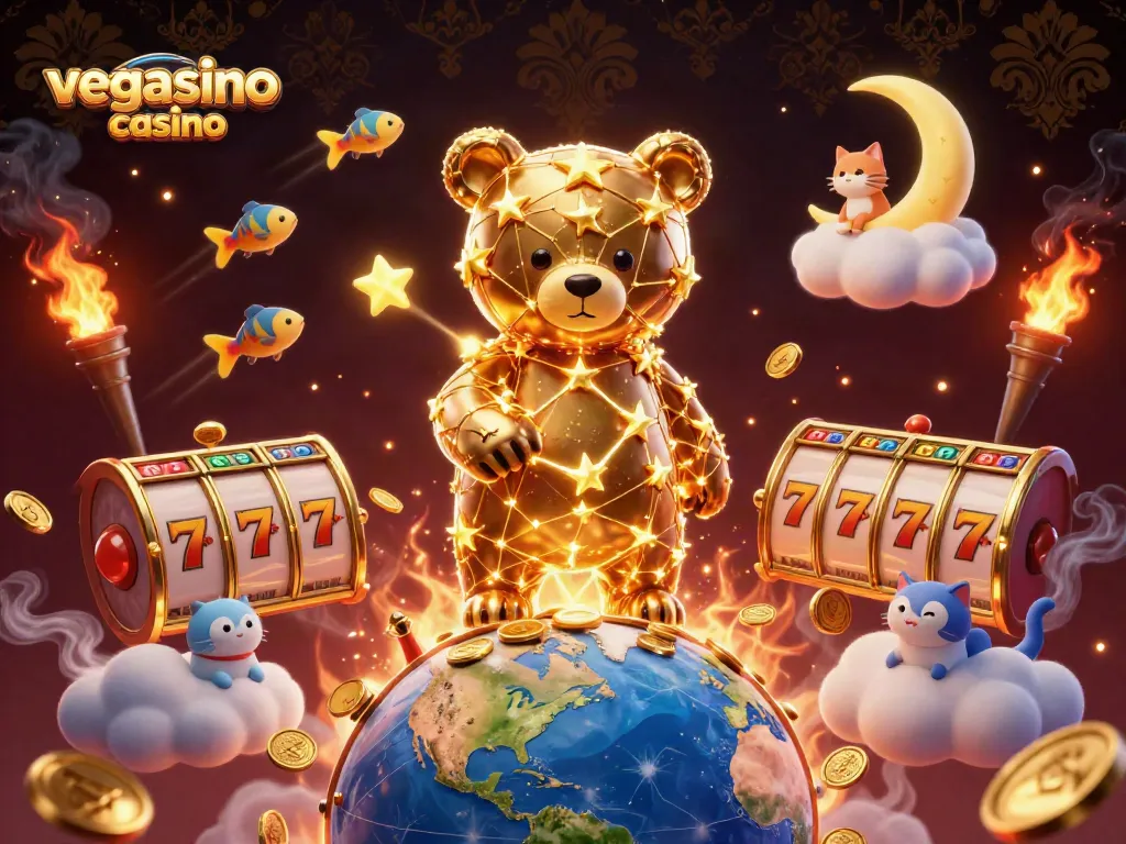 Experience the excitement of vegasino casino with a dynamic 3D illustration of a constellation bear and casino elements.