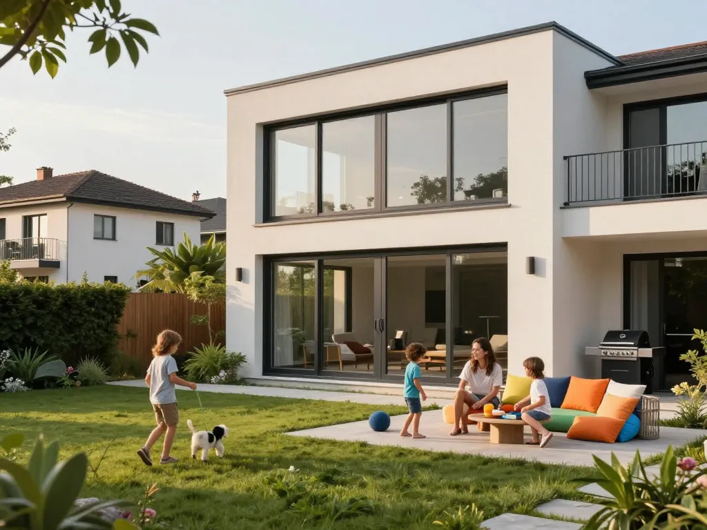 Hochwertige fenster schüco Fenster, die ein modernes Zuhause aufwerten, mit einer Familie, die ihren Außenbereich genießt.