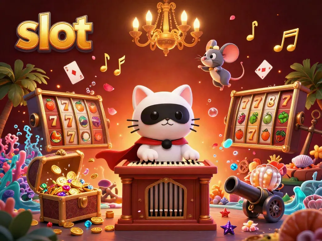 Experience the excitement of slot games with a cartoon cat at a musical casino, gold coins, and colorful gems.