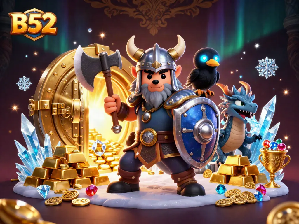 Spin the B52 reels surrounded by treasures and vibrant characters in a magical casino scene.