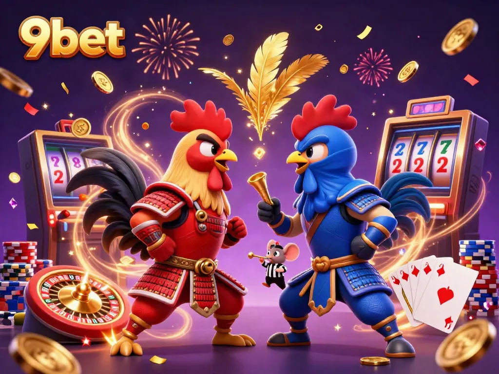 Bet big with 9bet as cartoon roosters face off in a dramatic casino showdown!