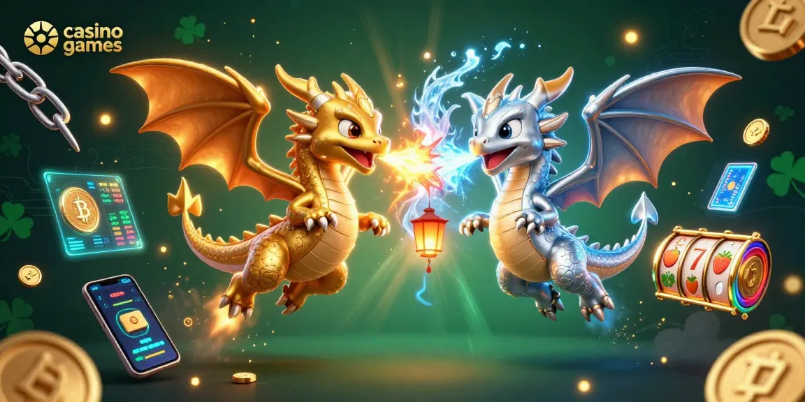 Engage in thrilling casino games with twin dragons unleashing fire and ice while surrounded by colorful crypto elements.