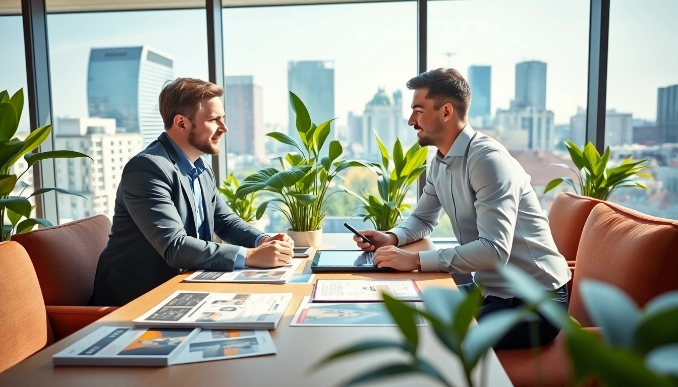 Immobilienmakler Frankfurt Eschersheim berät Kunden in modernem Büro mit Stadtblick.