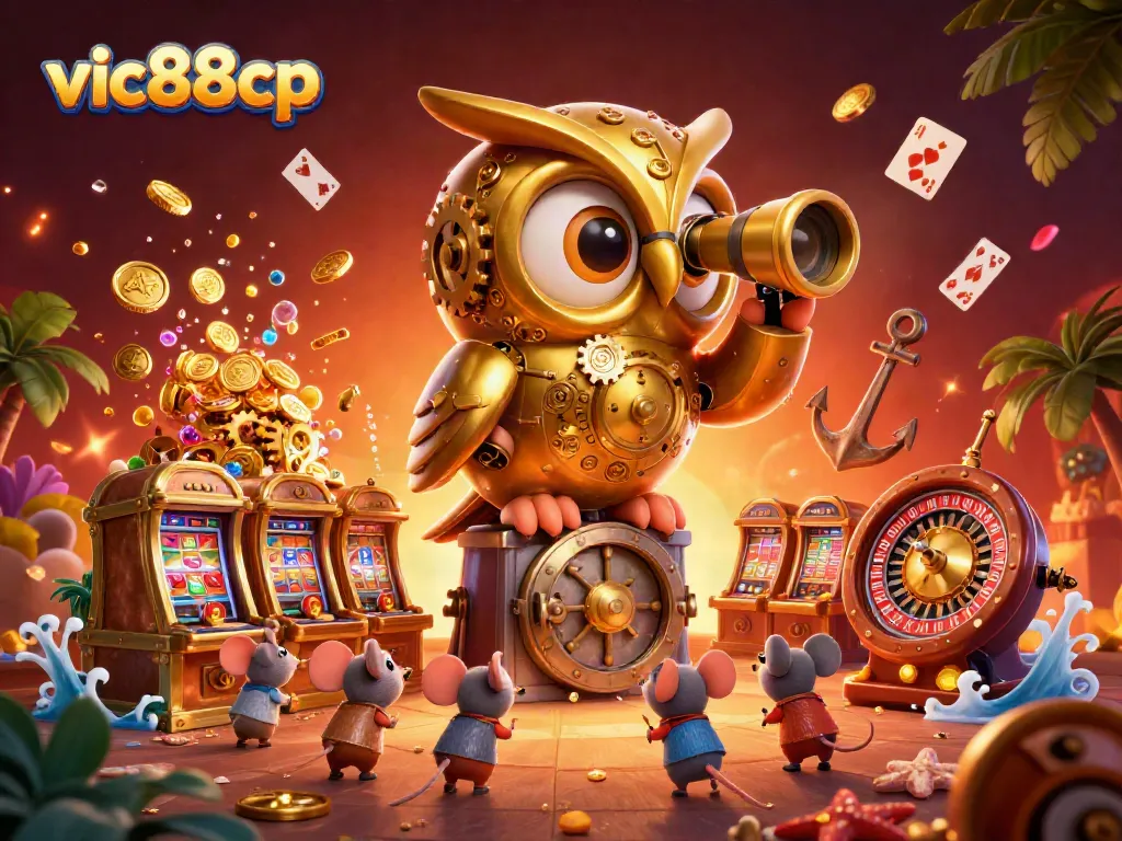 Experience exciting gameplay at vic88cp with a vibrant 3D casino scene featuring an animated golden owl and slot machines.