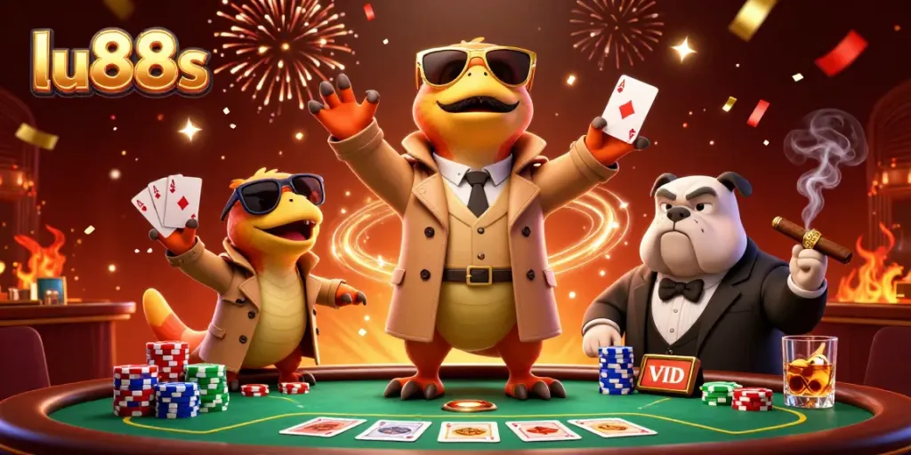 Experience thrilling gameplay at lu88s casino, with cartoon raptors entering VIP lounge action.