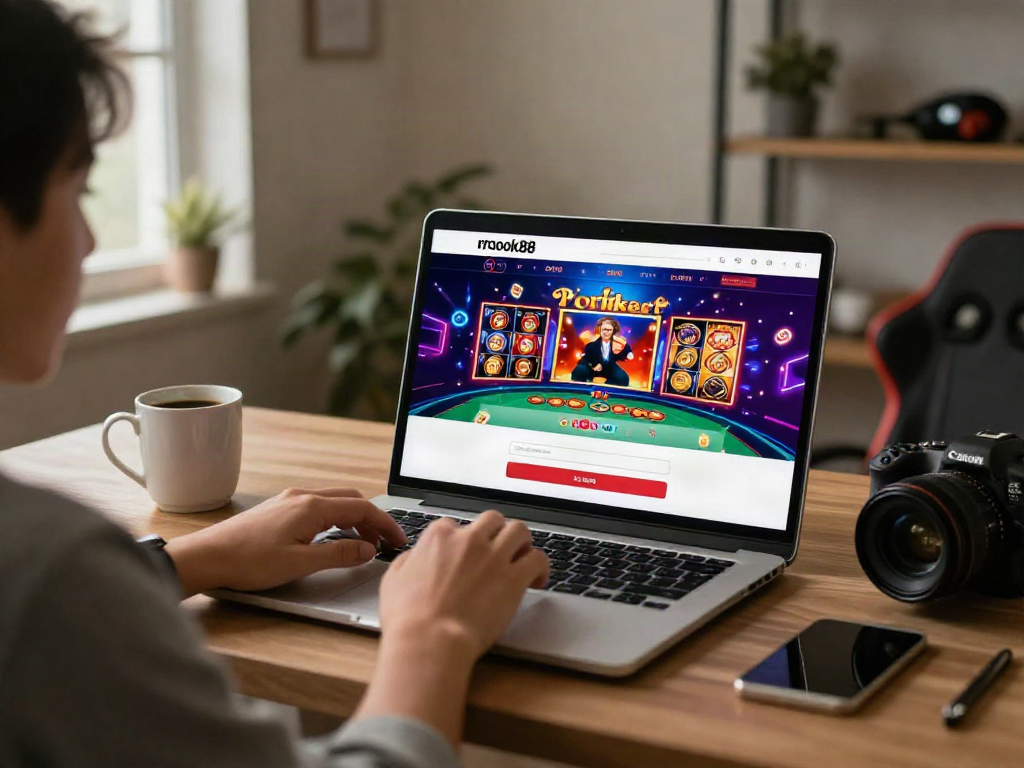 rokok88 login screen displayed on a laptop in a cozy home office setting with personal gaming elements.