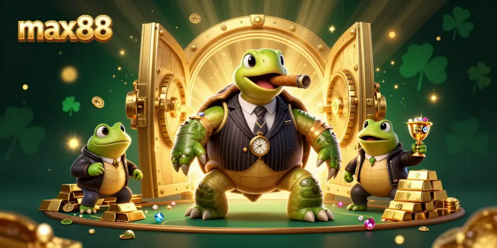 Experience max88 with a 3D turtle mobster and bullfrog enforcers among treasure and casino lights.