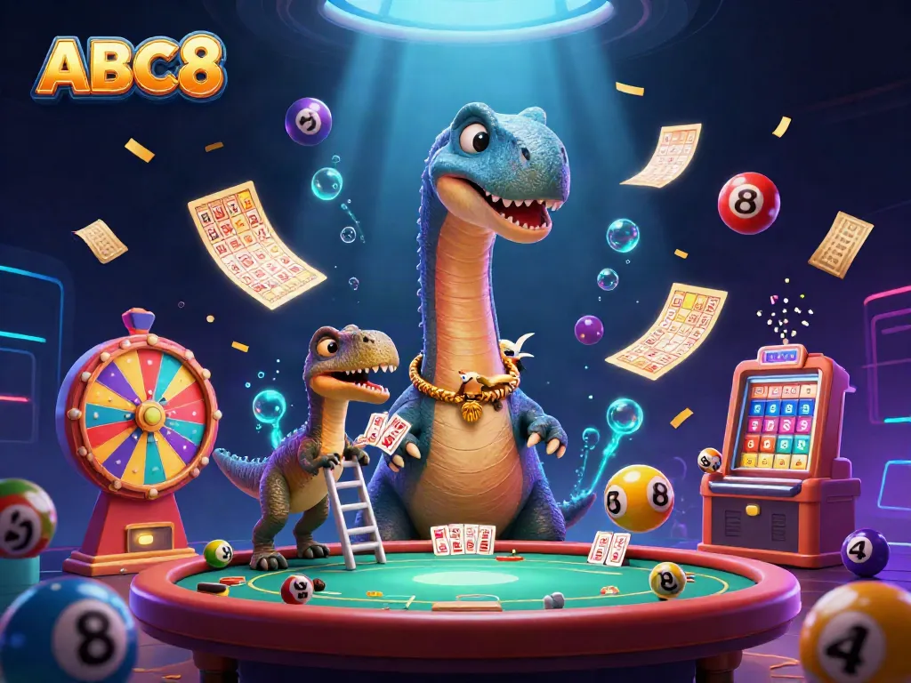 Experience winning moments at ABC8 as a giant brontosaurus oversees an exciting casino scene filled with vibrant elements.