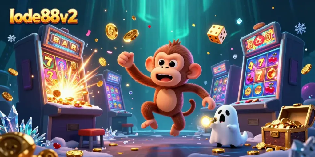 Experience thrilling gaming at lode88v2 with a lively poltergeist monkey juggling golden objects in a haunted casino scene.