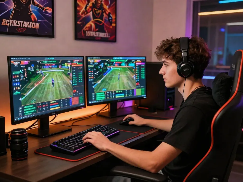 Engaged player at a modern gaming setup focusing on man88 online betting.