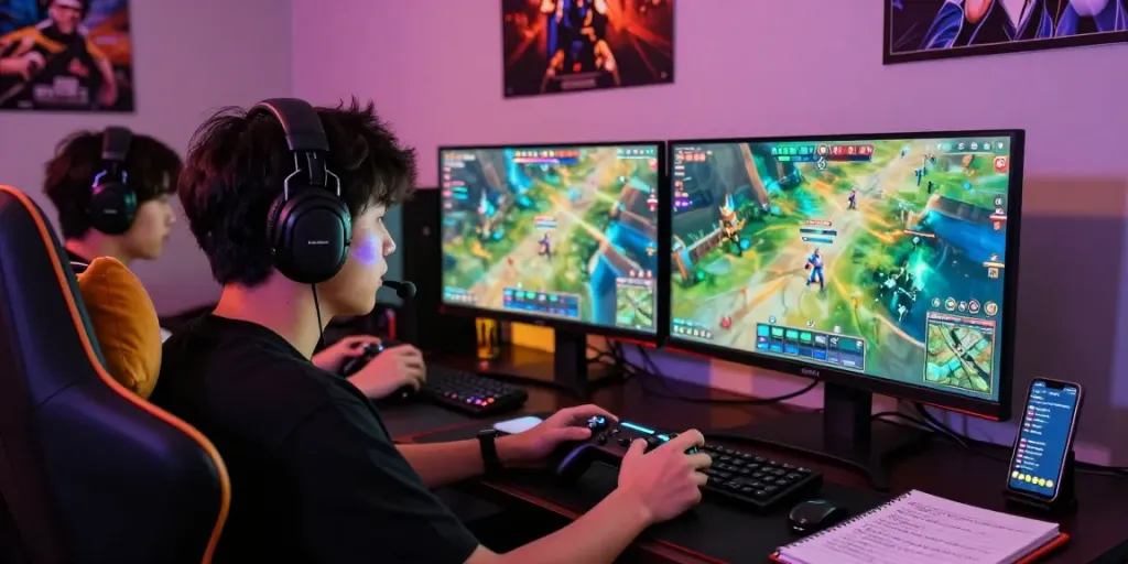 Exciting gaming atmosphere with rokok88, featuring gamer in action surrounded by colorful lights and gaming gear.