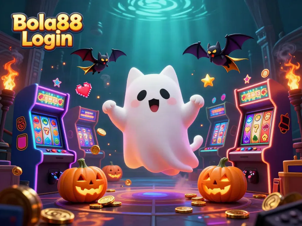 Engage with the fun of Bola88 Login in a vibrant, dynamic casino environment featuring unique characters and bright gaming elements.