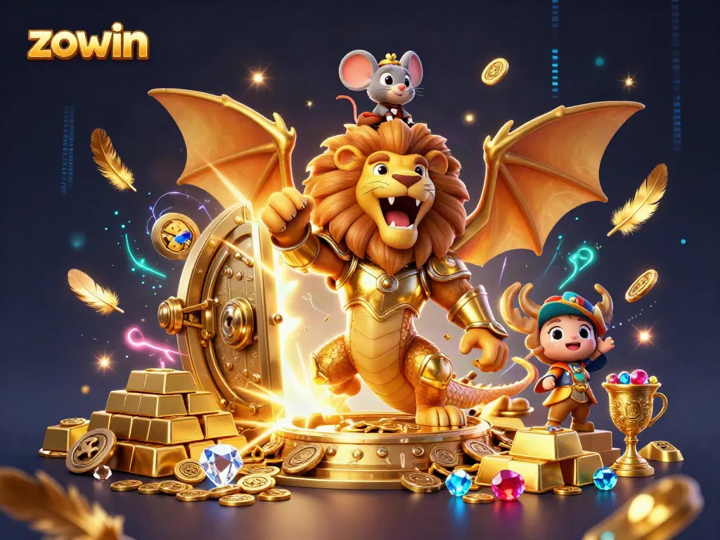 Zowin players engage in vibrant 3D casino action, swirling gold and treasures around a chimera