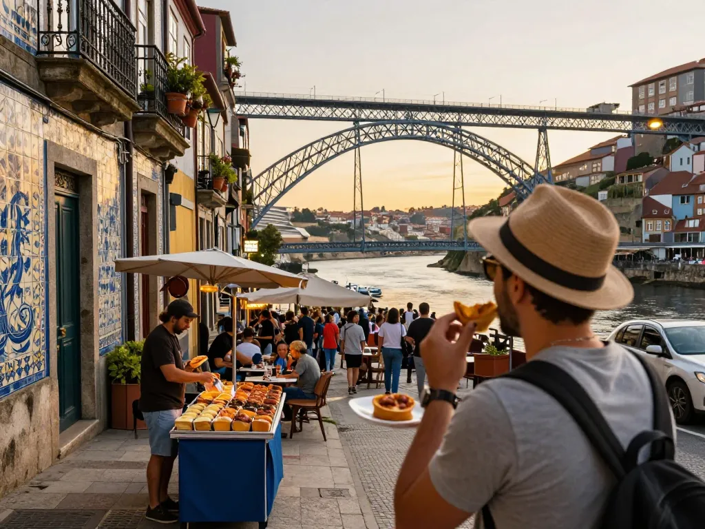 Reisetipps für Porto, die lebhaften Straßen, den Douro-Fluss und lokale Süßspeisen zeigen.