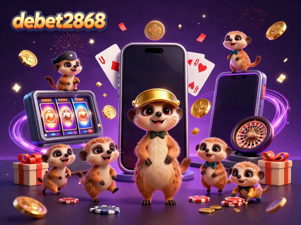 Experience excitement at debet2868 with meerkats managing a vibrant casino and thrilling gaming elements.