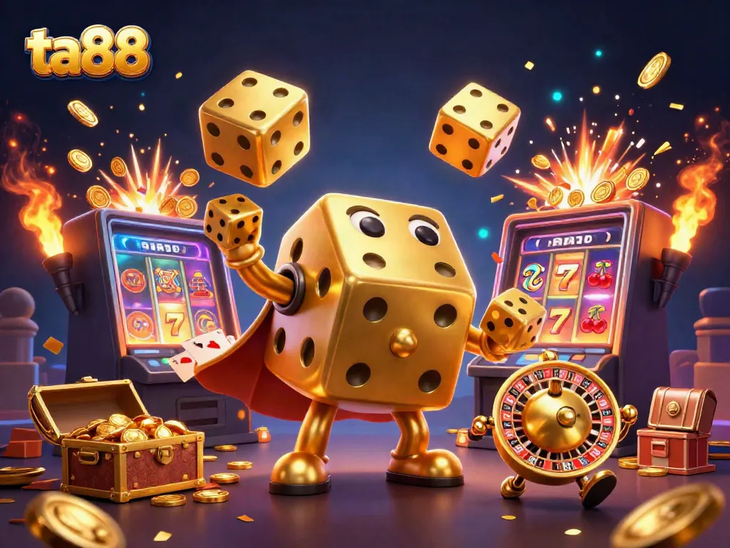 Experience thrilling games at ta88 with a vibrant 3D illustration of golden casino dice and dynamic slot machines.