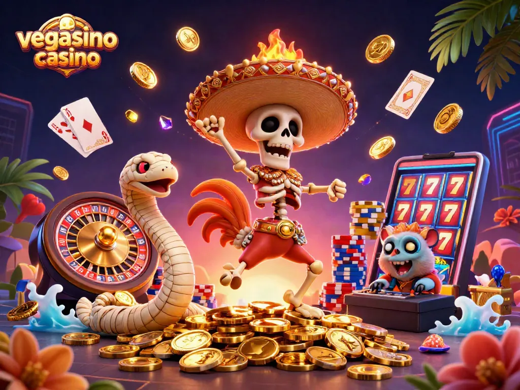 Experience the thrill of vegasino casino with a vibrant 3D illustration depicting a lively celebration of gaming.