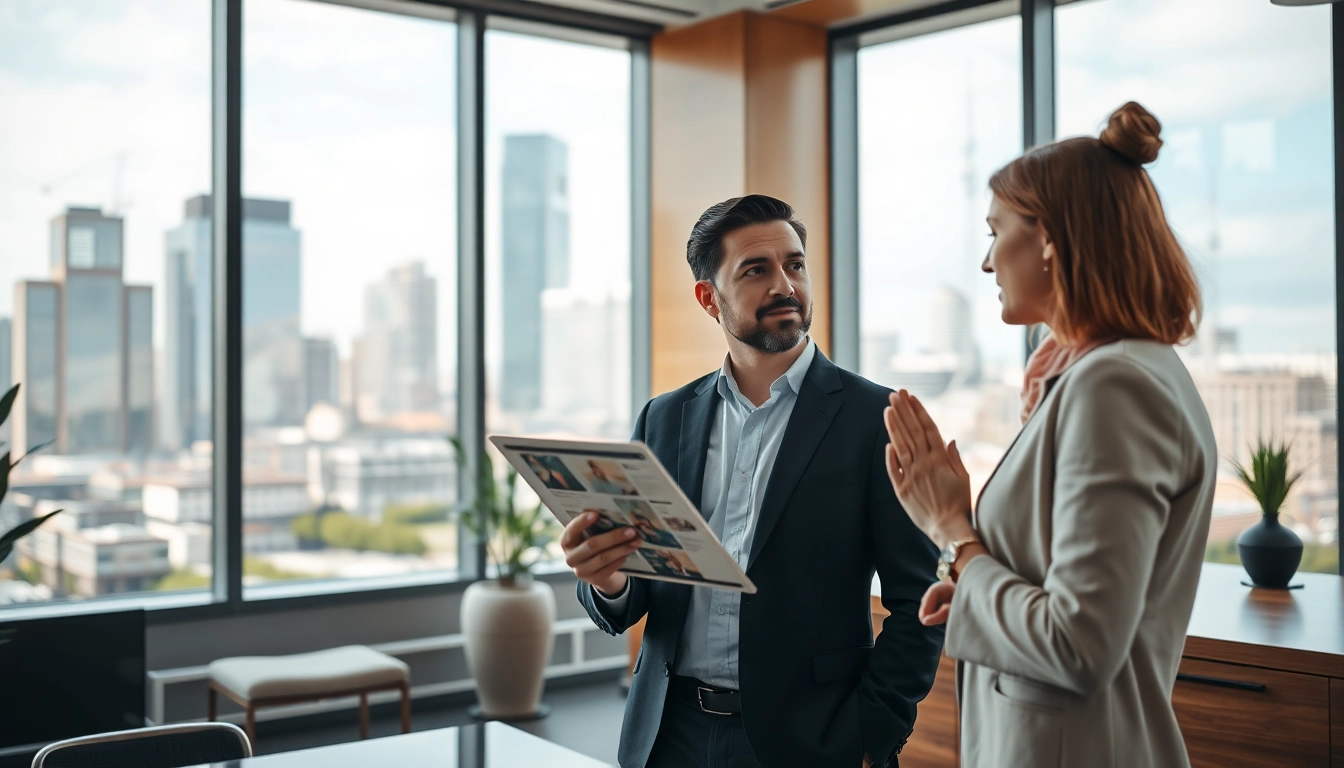 Immobilienmakler Frankfurt Preungesheim berät Kunden in elegantem, modernem Büro.