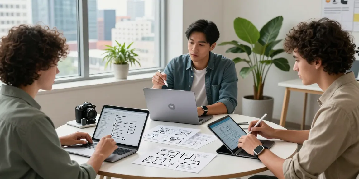 Team collaborating to build internal tools with AI in a modern workspace.