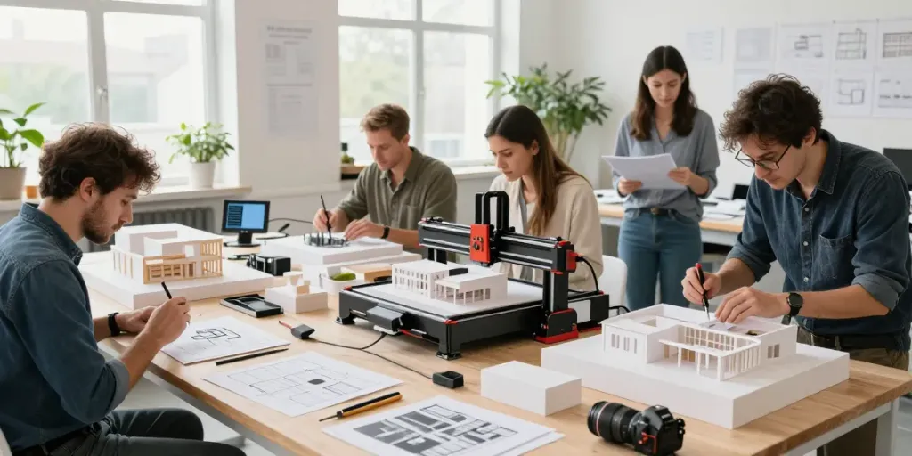 Präzise Entwurfsmodelle in einem Architekturbüro hergestellt, Werkzeuge wie CNC-Maschinen sichtbar.