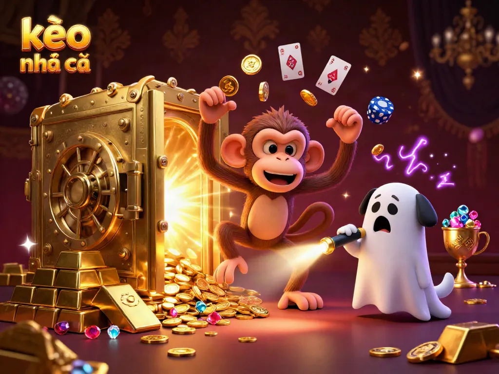 Engage with kèo nhà cái through a magical 3D scene of a playful monkey juggling treasures in a haunted casino.