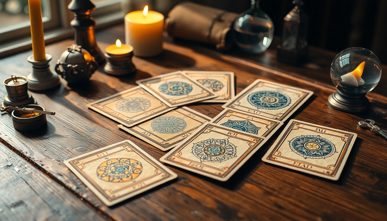 Erforschen Sie die tarotkarten bedeutung mit einem schönen Set an Tarotkarten und mystischen Symbolen.